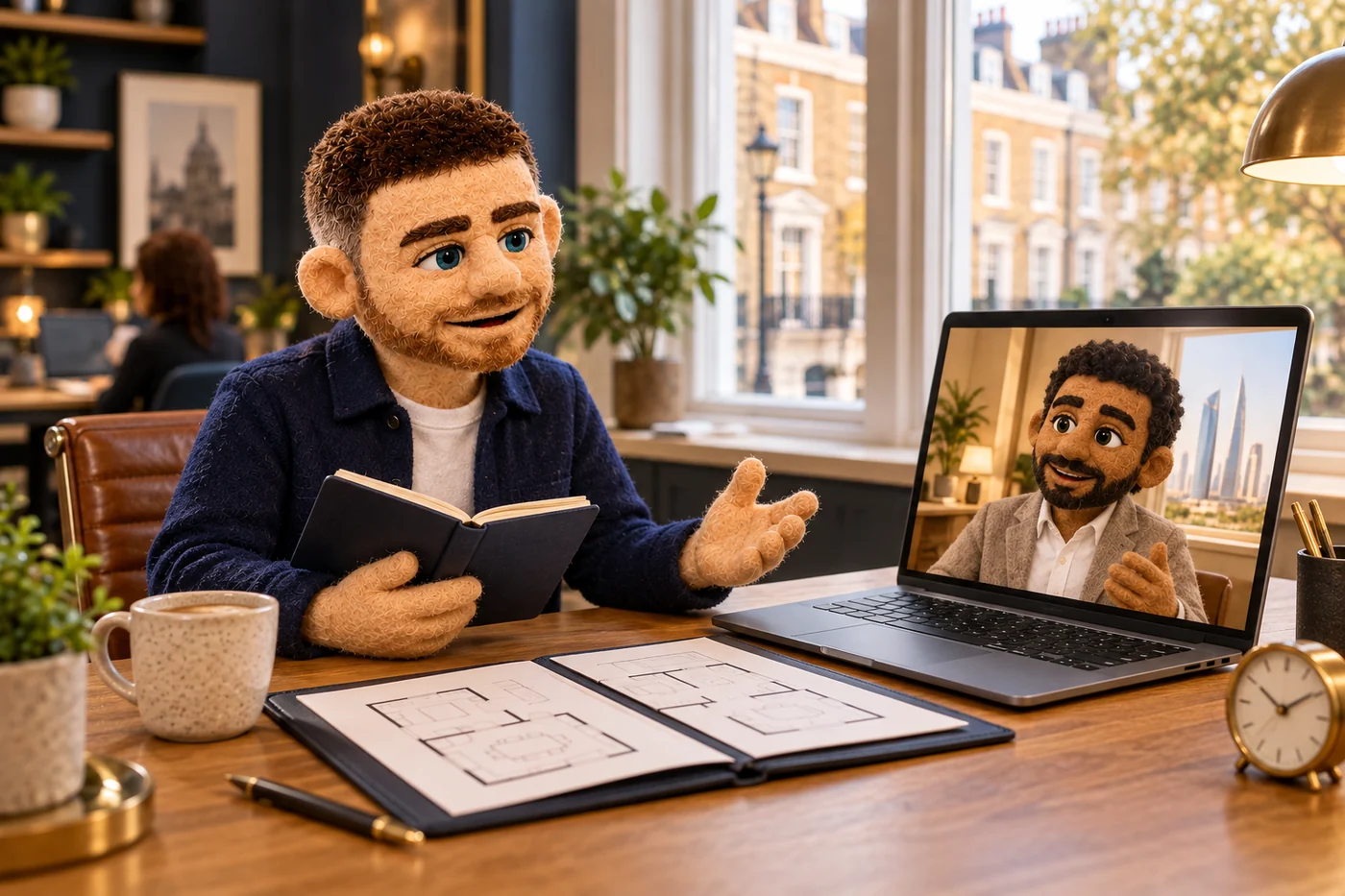 Puppet Jack coordinating a UK brief with an overseas client by video