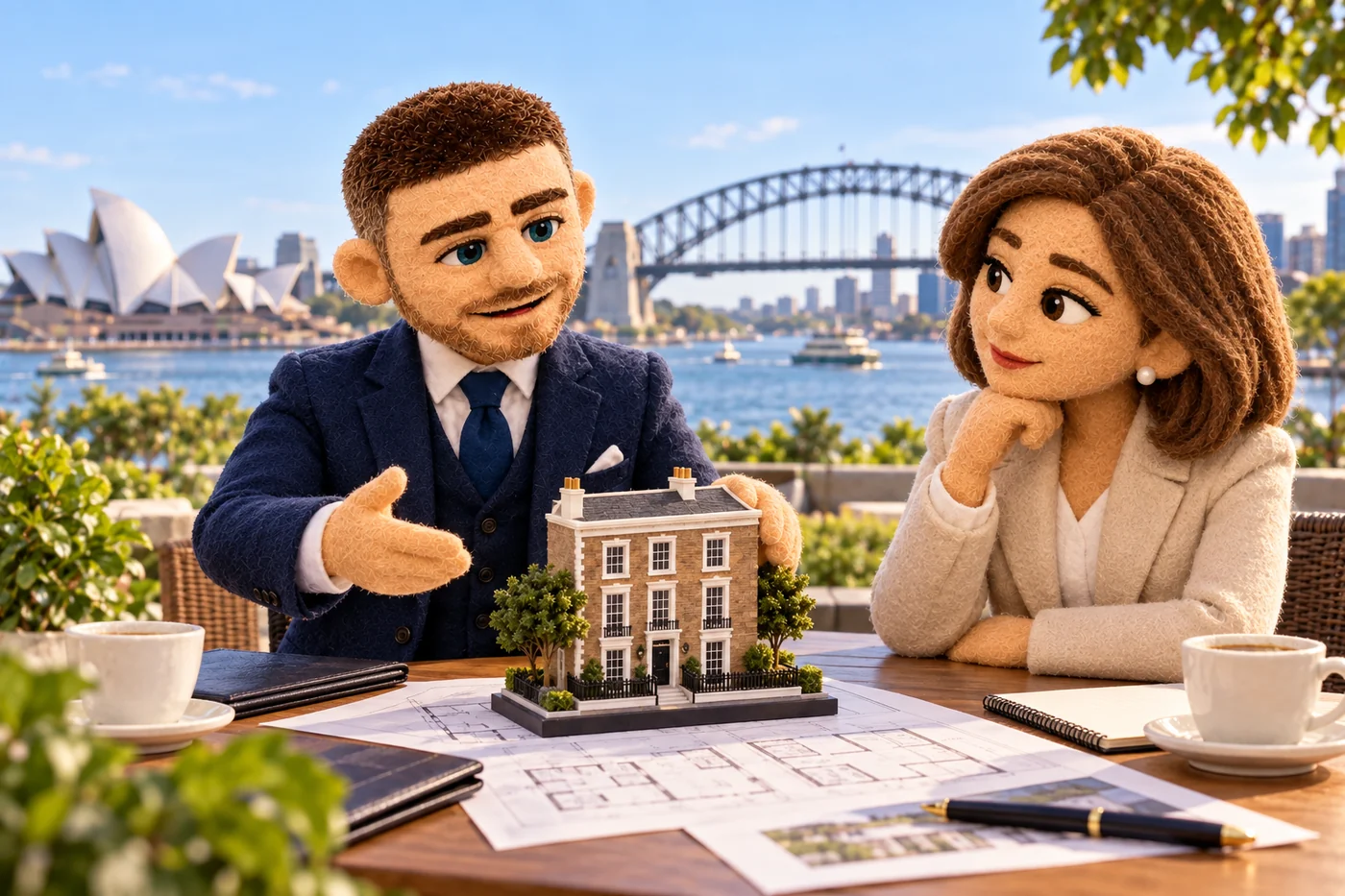 Felt Jack discussing a UK townhouse with an Australian professional beside Sydney Harbour