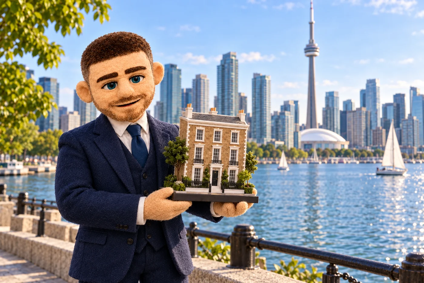 Felt Jack holding a UK townhouse model beside Toronto Harbour and the CN Tower