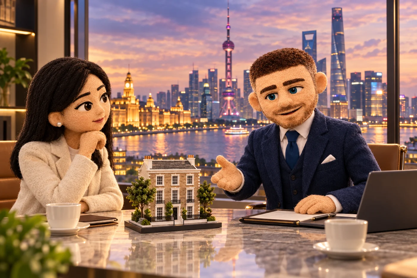 Felt Jack discussing a UK townhouse with a Chinese professional overlooking Shanghai
