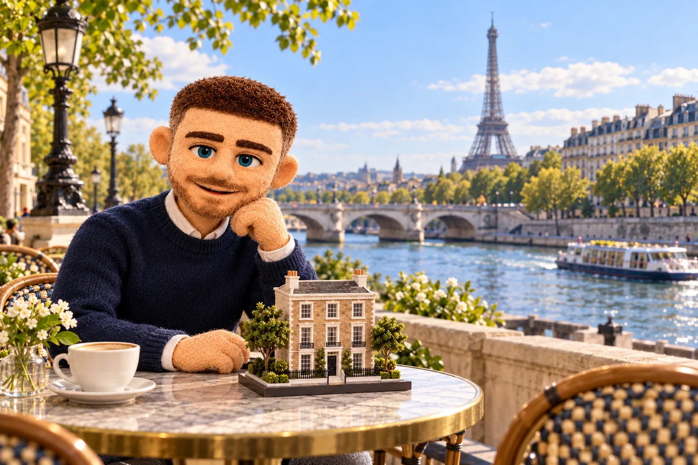 Felt Jack holding a UK house model by the Seine in Paris