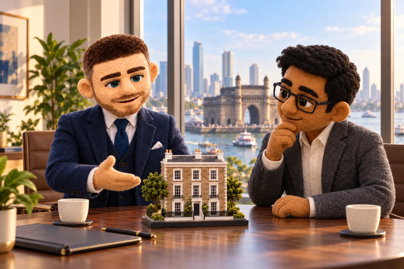 Felt Jack discussing a UK townhouse with an Indian professional, with Mumbai and the Gateway of India behind them