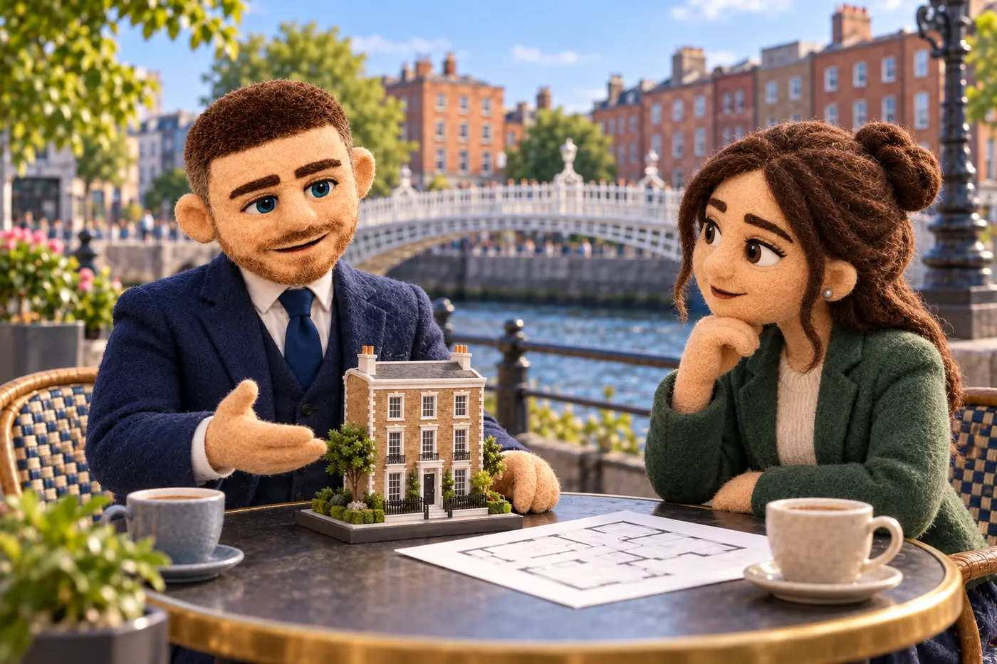 Felt Jack discussing a UK townhouse with an Ireland-based professional beside the River Liffey in Dublin