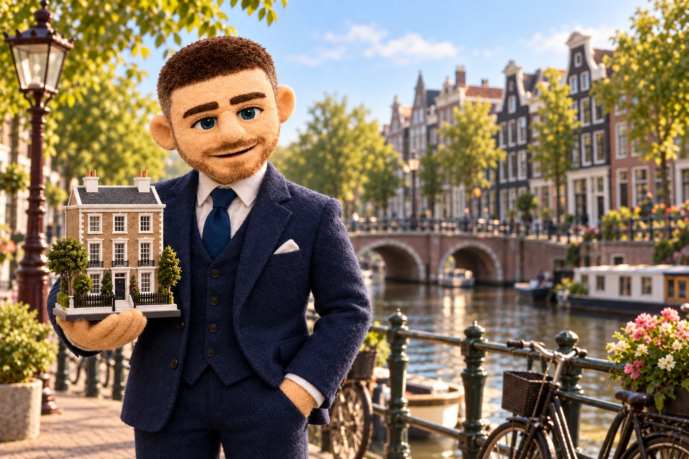 Felt Jack holding a UK townhouse beside an Amsterdam canal and bridge