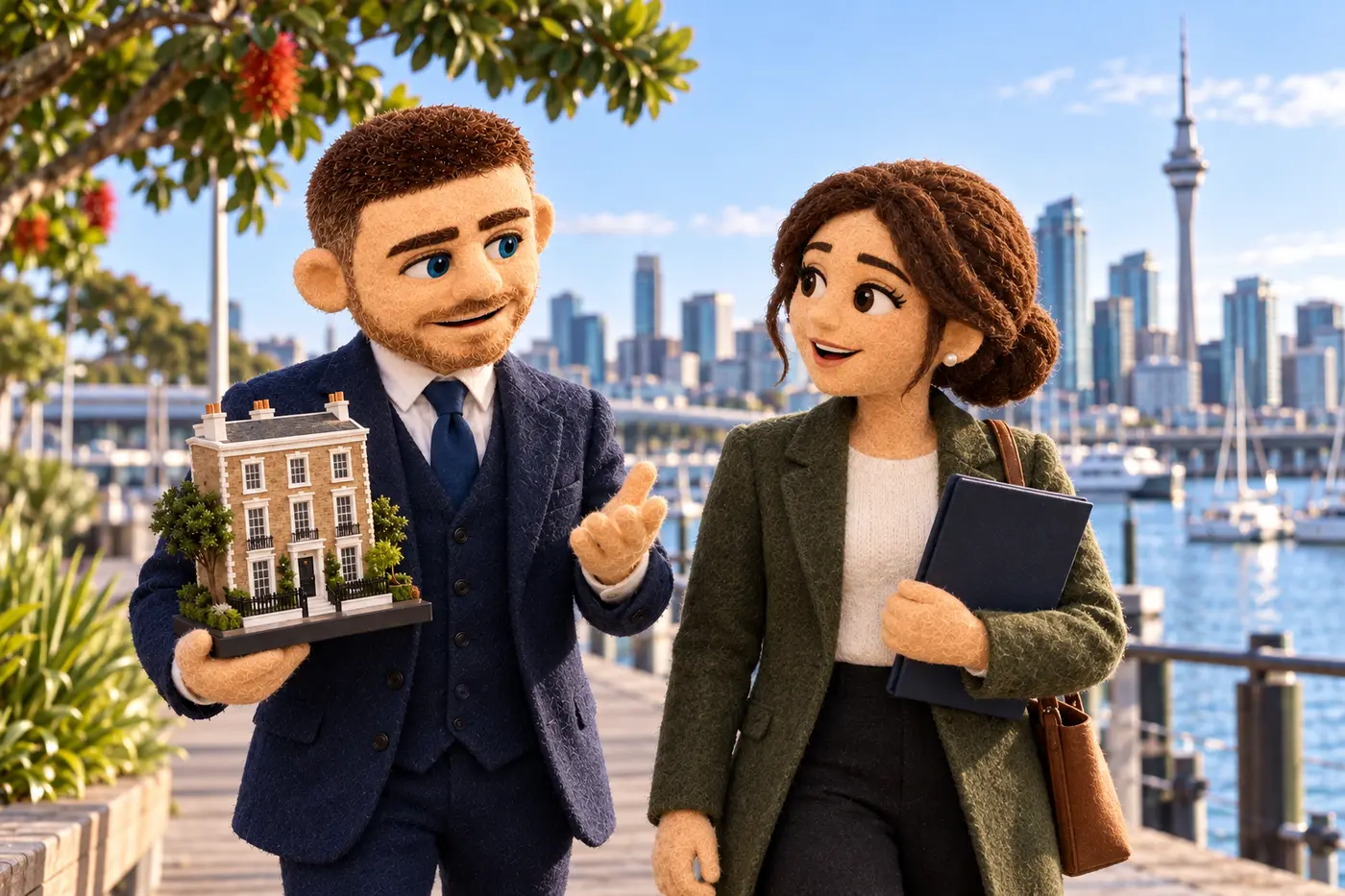 Felt Jack carrying a UK townhouse model with a New Zealand-based professional beside Auckland Harbour