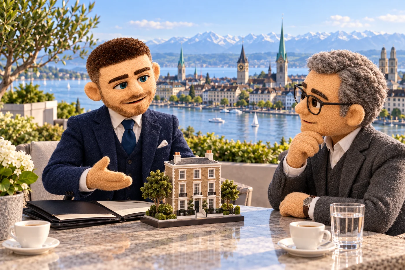 Felt Jack discussing a UK townhouse with a client overlooking Zürich and the Alps