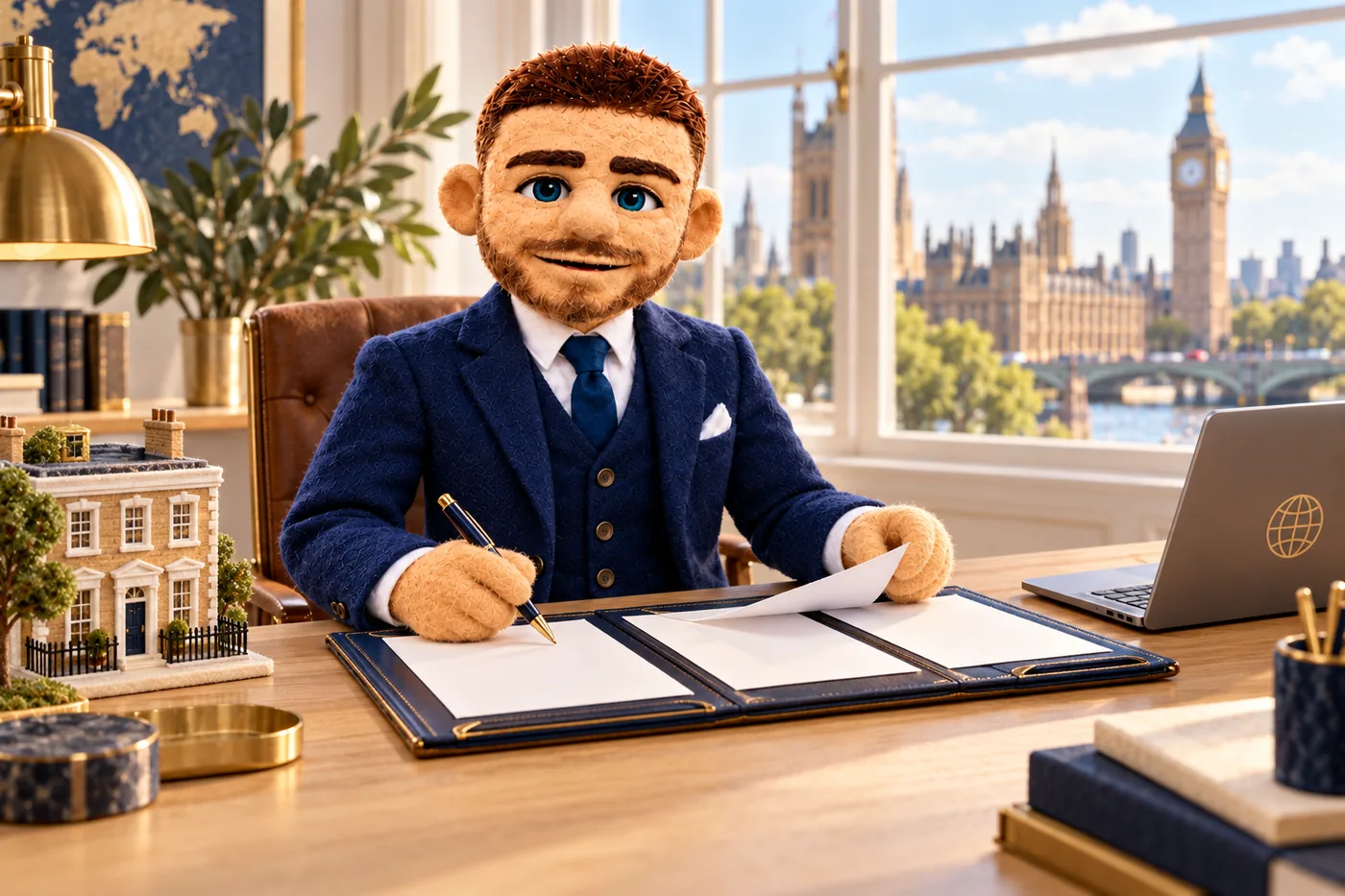 Puppet Jack organising documents and a UK home model at his desk