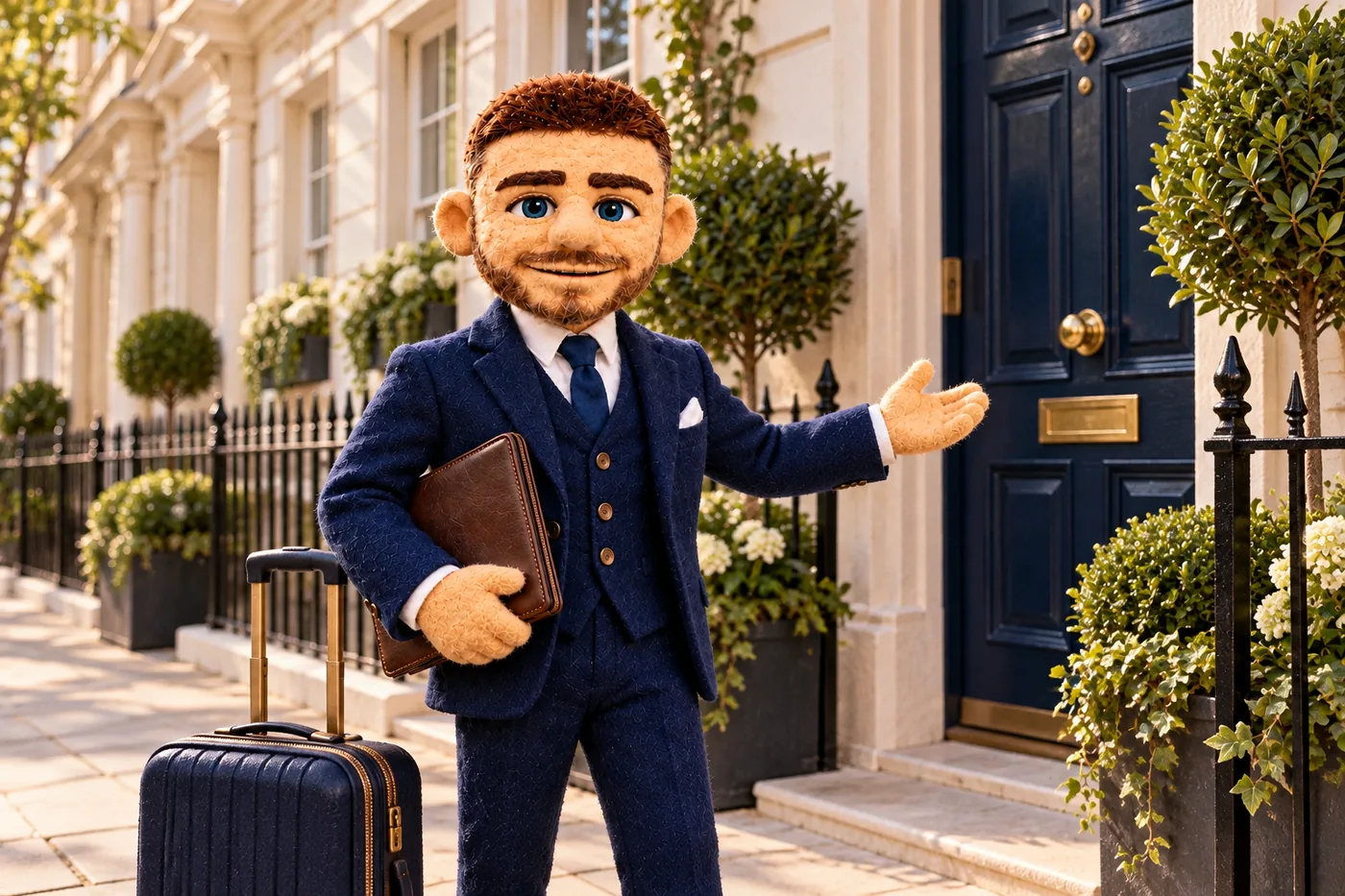 Puppet Jack welcoming an overseas client to a London townhouse