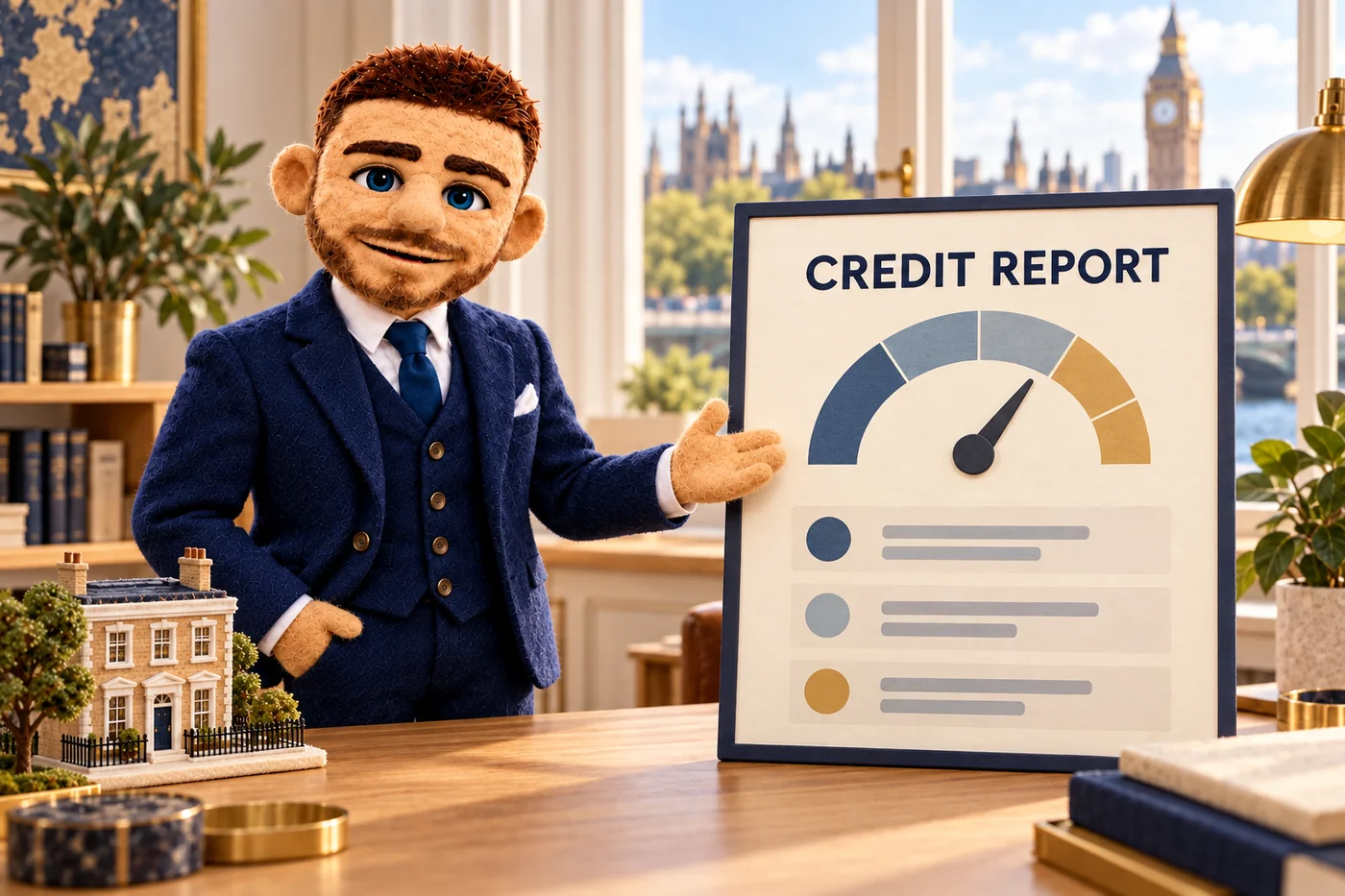 Puppet Jack beside an illustrative credit report and credit score gauge