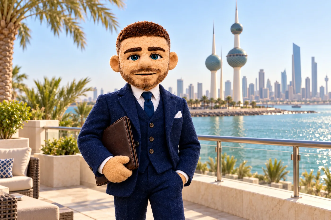 Felt puppet Jack on the Kuwait waterfront, with the Kuwait Towers and Gulf skyline behind him