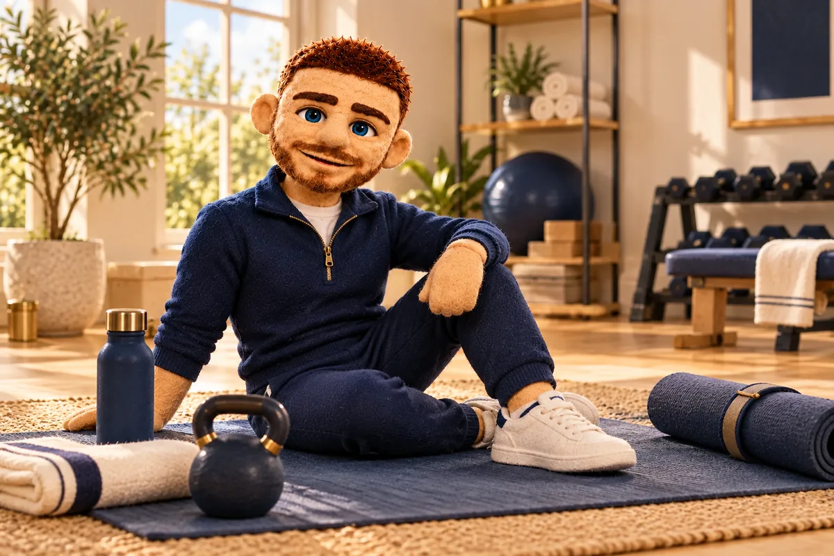 Puppet Jack in a navy sports top beside gym equipment
