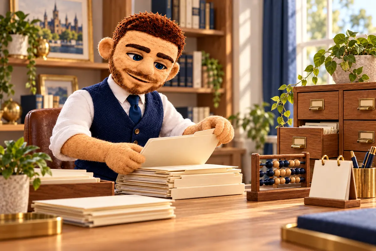 Puppet Jack organising income and credit paperwork at a desk