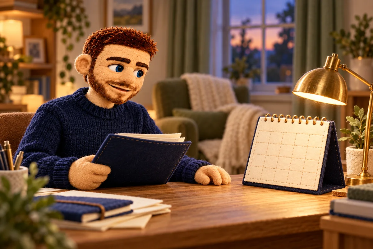 Puppet Jack in a calm home study with a calendar and household paperwork