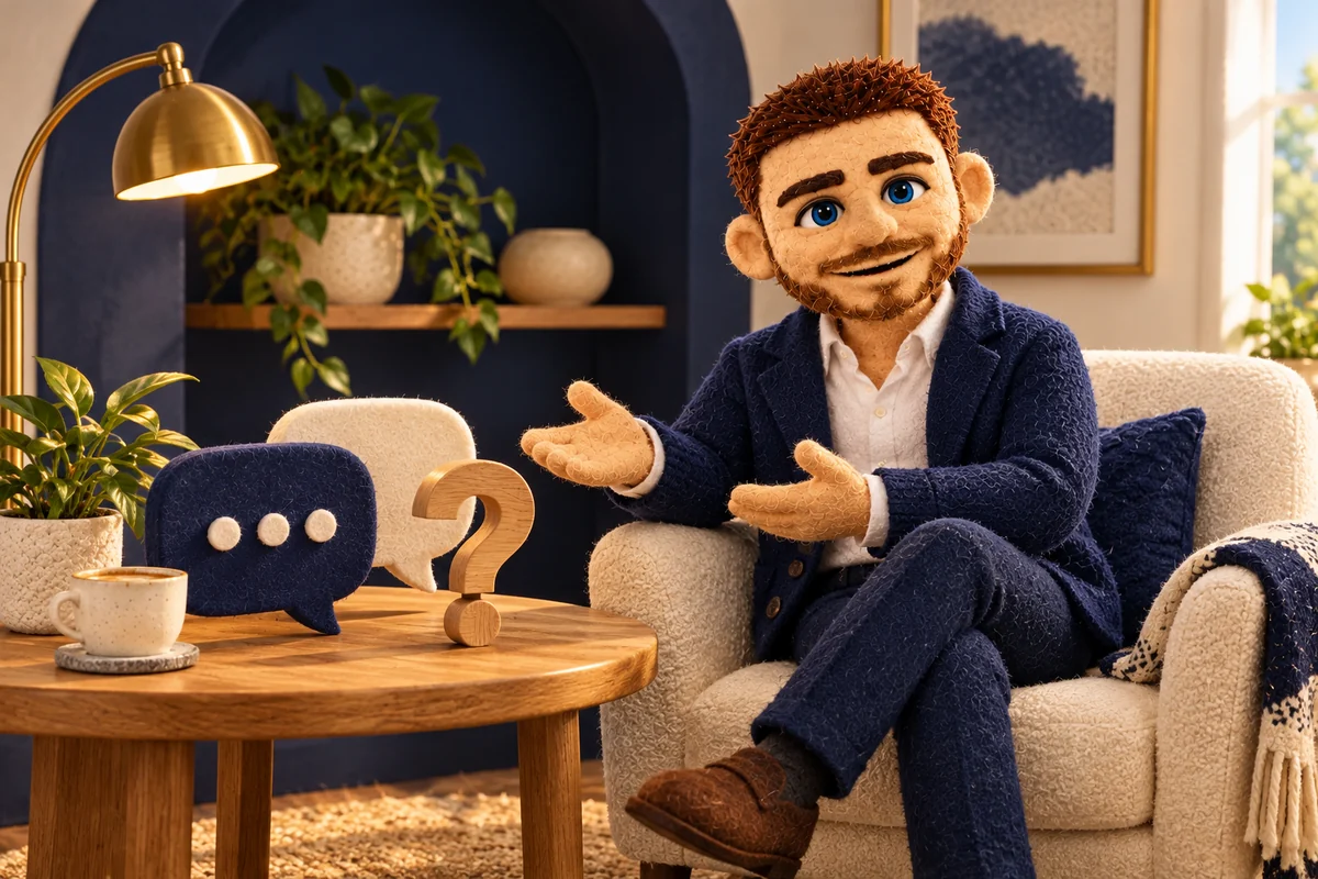 Puppet Jack in an armchair with felt speech bubbles and a wooden question mark