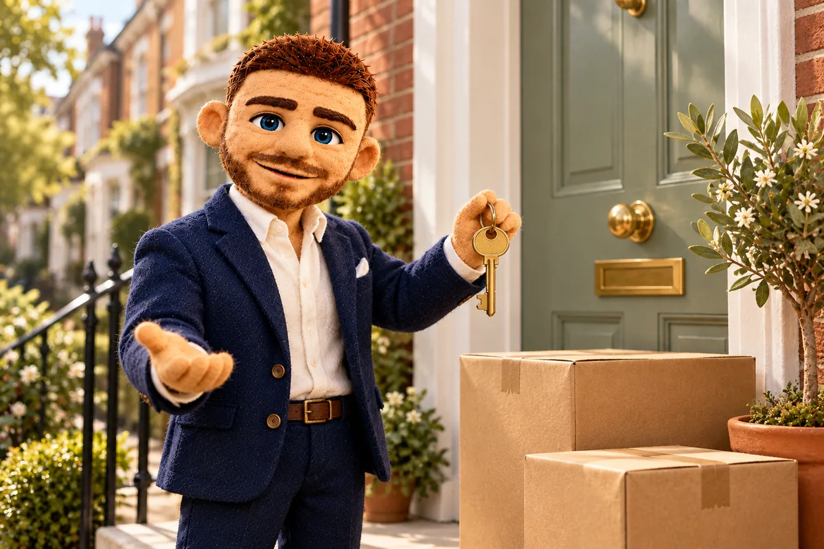 Puppet Jack beside moving boxes and a key on a British front porch