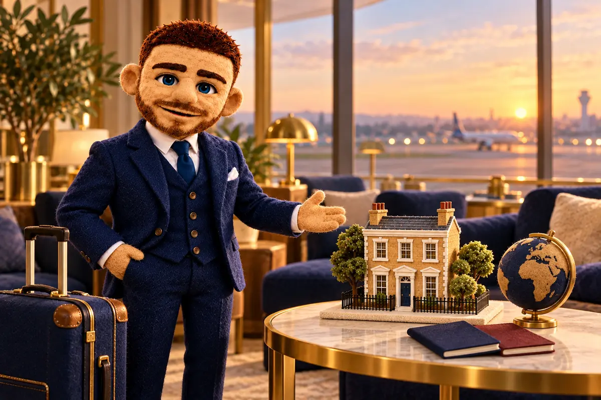 Puppet Jack with a globe, travel documents and a miniature UK home