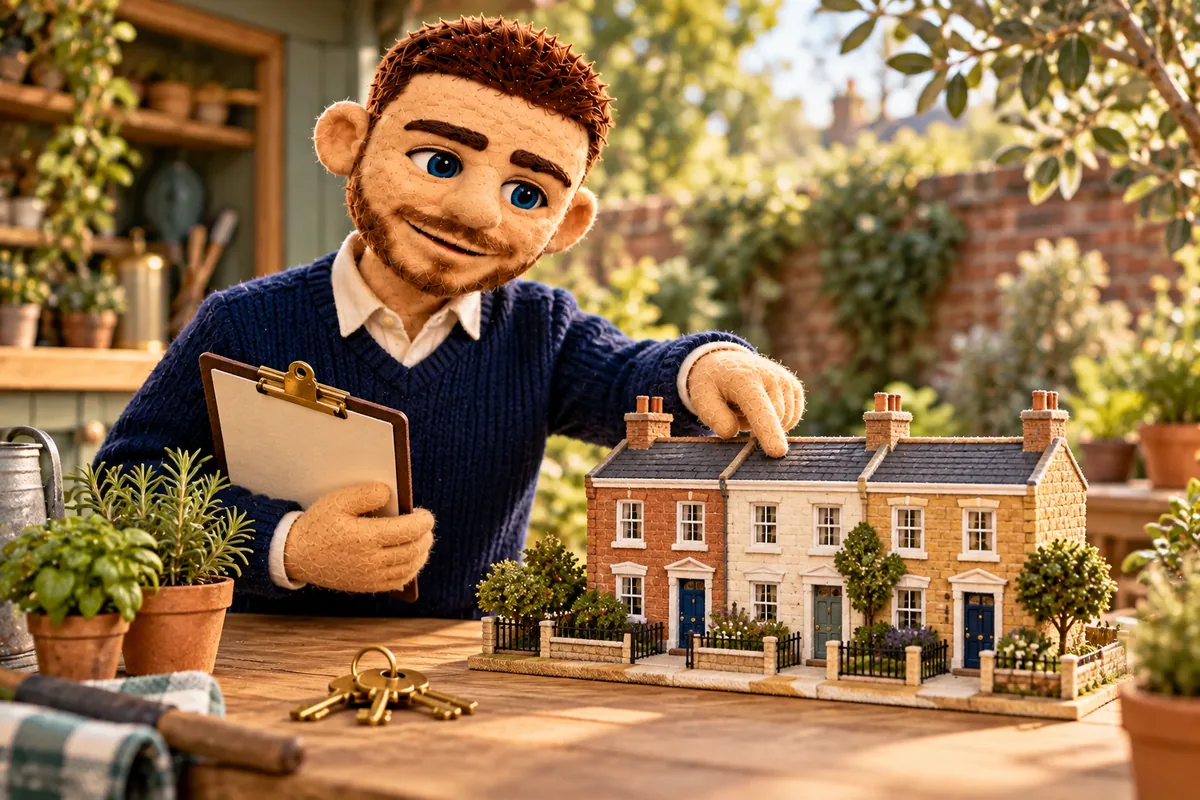 Puppet Jack reviewing a miniature rental street with a maintenance clipboard