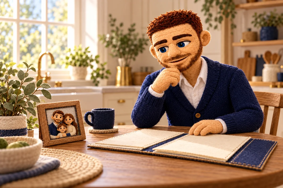 Puppet Jack with a planning folder and family photo at a kitchen table