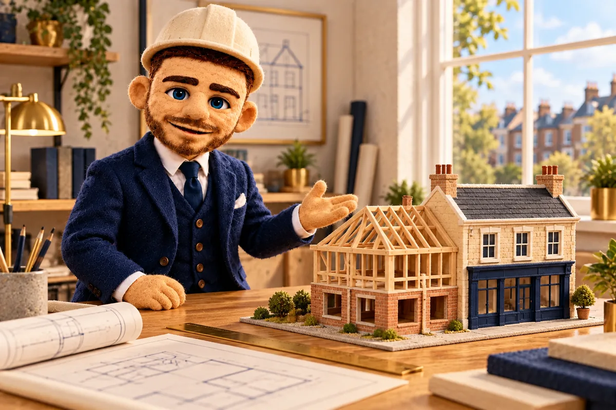 Puppet Jack with architectural plans and a miniature property project
