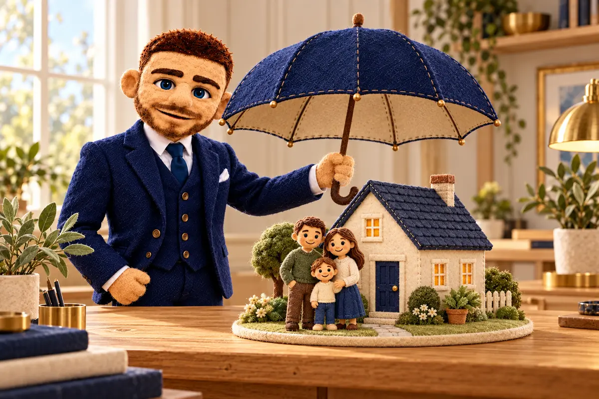 Puppet Jack holding an umbrella over an illustrative miniature home