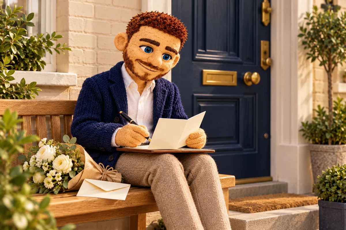 Puppet Jack writing a thank-you card on a doorstep bench beside flowers