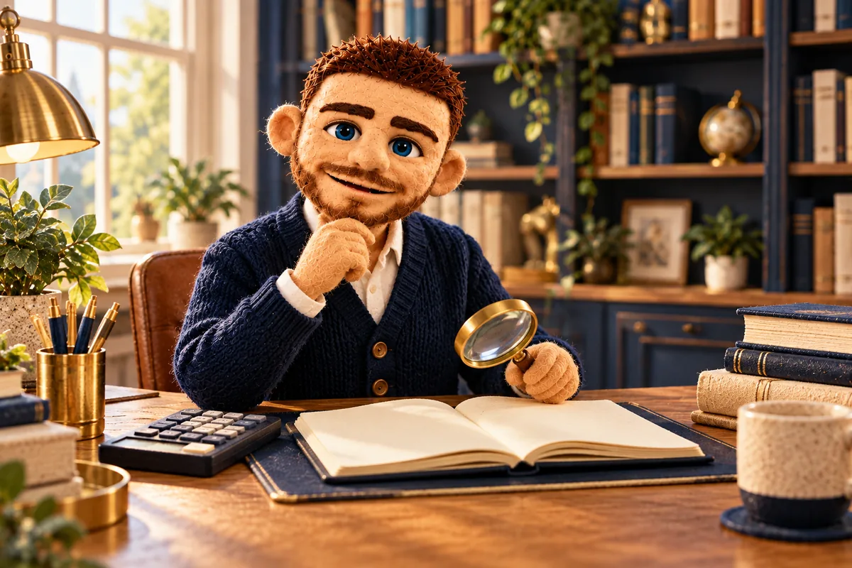 Puppet Jack with books, a calculator and an open notebook in a library